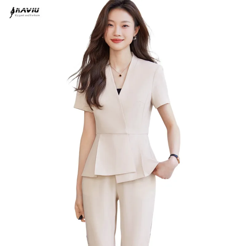 

NAVIU Beige Suits For Women New 2024 Summer Porfessional Slim Short Sleeve Blazer And Pants Office Ladies Work Wear Black