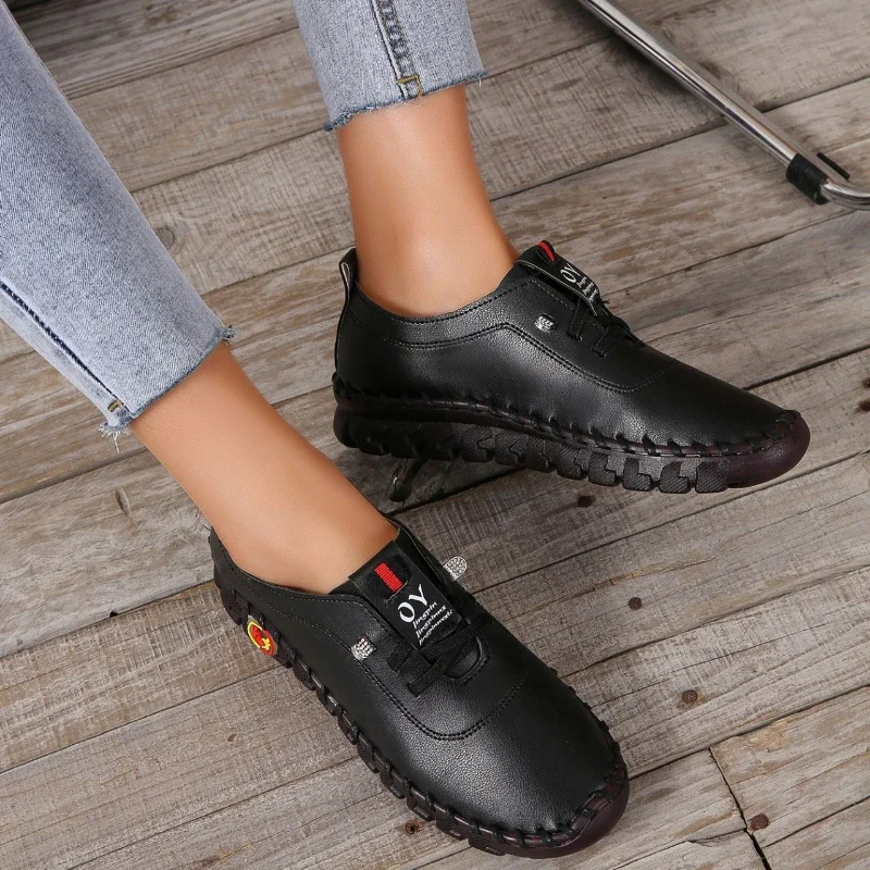 Spring Casual Women Shoes Platform Loafers Lace Up Leather Flats Slip-On Mom Shoe