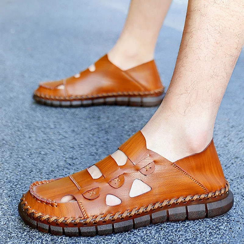 

Summer Outdoor Hiking Wading Sneakers Genuine Leather Hollow Out Sports Sewing Sandals Trekking Beach Athletic Shoes for Men