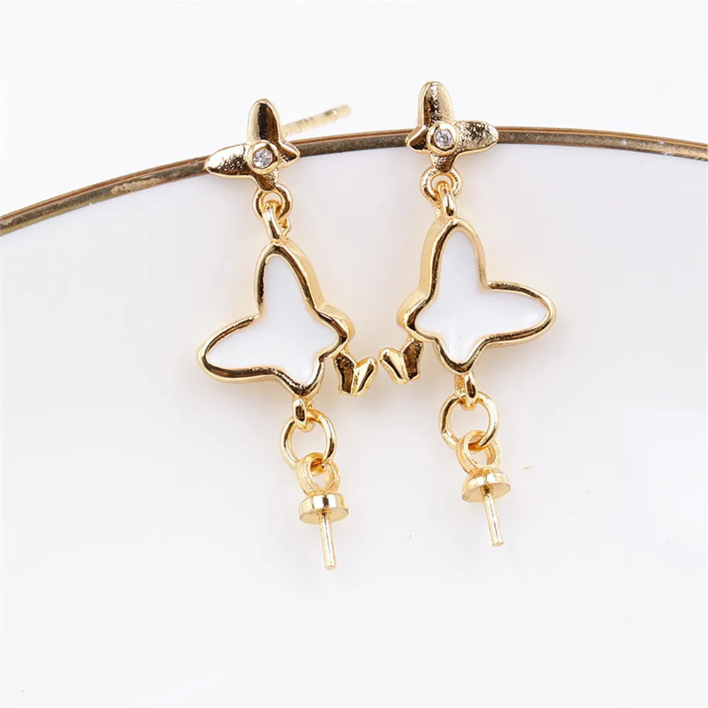 

Domestic 14k Gold Plating Color Retaining Butterfly Delicate White Enamel Pearl Stud Earrings DIY Accessories Women