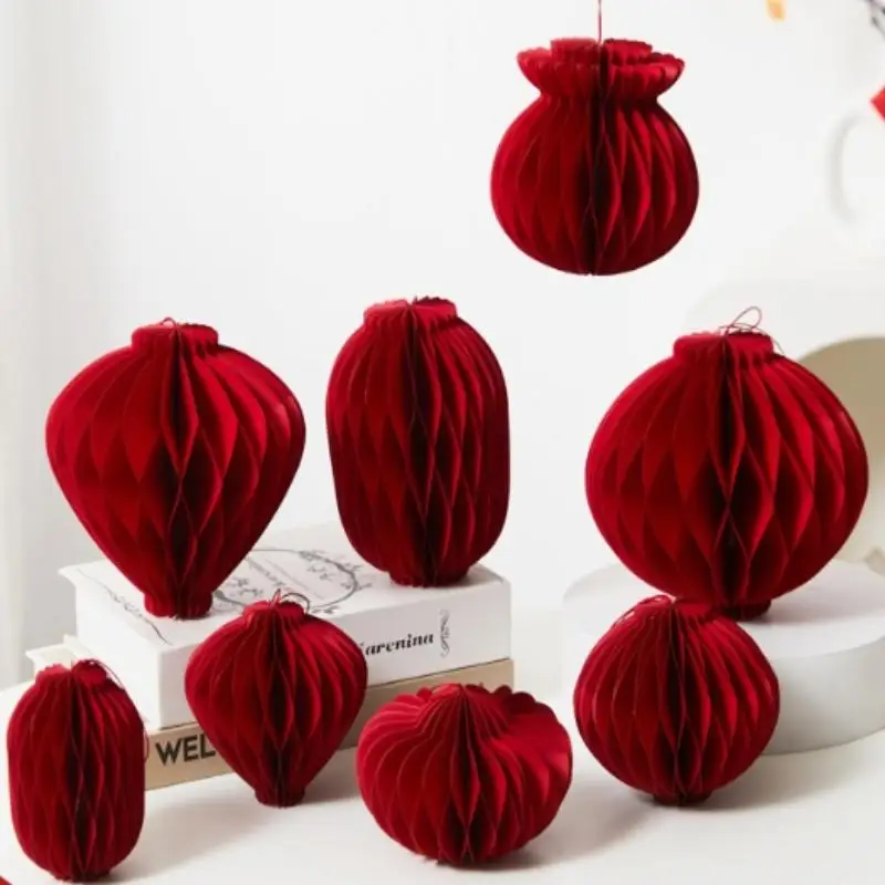 3D Honeycomb Christmas Balls 2026: Hanging Pendants and Red Paper Lantern Ornaments for Xmas Navidad Tree Decor