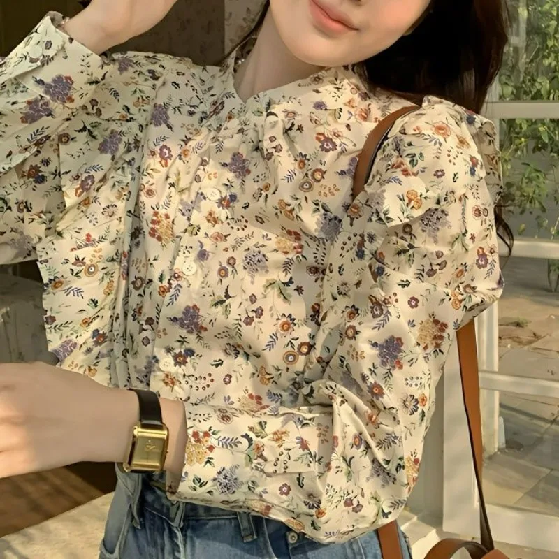 

2024 Spring Summer New Blouses Turn Down Collar Flower Prin Age Reducing Sweet Blusas Vintage Single-breasted Design Sense Shirt