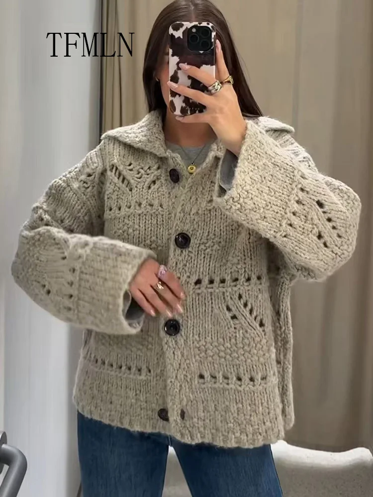 Oversize Women Hollow Out Knitted Sweaters 2025 Autumn Lapel Single Breasted Thick Loose Overall Fashion Causal Long Sleeve Coat