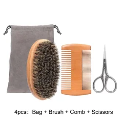 Luxurious Soft Boar Bristle Shaving Brush & Wooden Comb Grooming Kit with Gift Bag (4pcs)