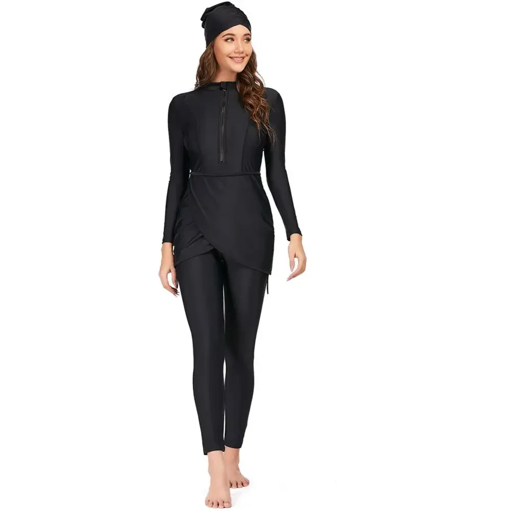 2023 new Long sleeve solid black Muslim Swimwear Womens Muslim Swimsuit Burkini