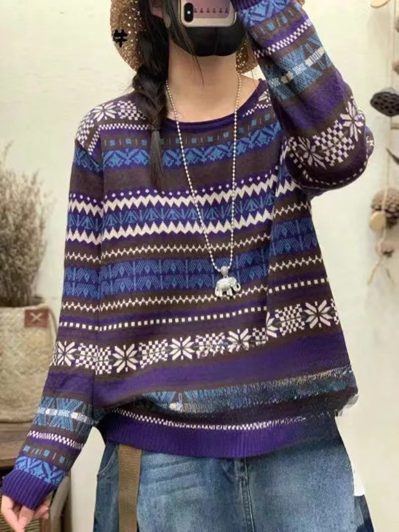 Limiguyue Retro Jacquard Pattern Wool Sweater - Image 5
