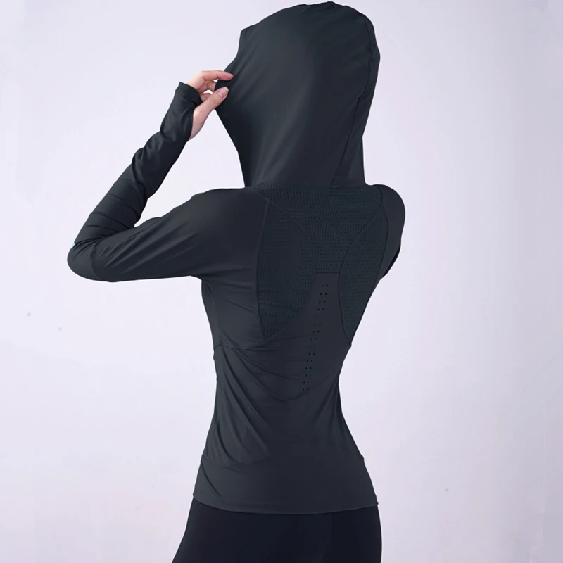 Women Yoga Shirt Long Sleeve Thumb Hole Running T-shirt Mesh Breathable Sport Hoodies Fitness Top Gym Workout Hooded Sweatshirts