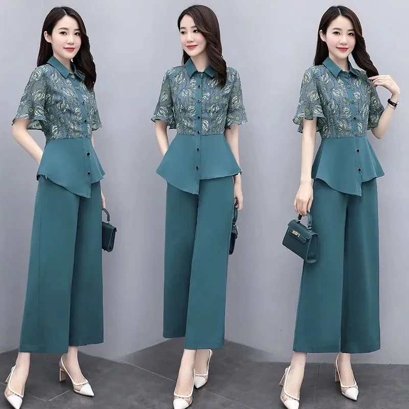 Elegant 2 Piece Set Women Summer Outfit Korean Short Sleeve Ruffle Irregular Blouse + Fashion Wide Leg Pant Suits Ensemble Femme