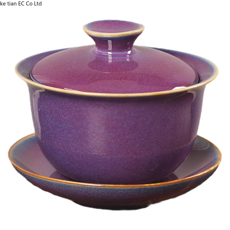 Jun Kiln gaiwan ceramic Jun purple Sancai tea cup Chinese kiln glaze high-grade kung fu tea set single porcelain bowl