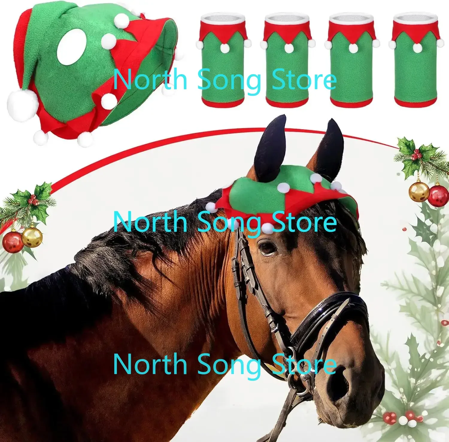 15Pcs Christmas Horse Accessory Includes Christmas Horse Leg Wraps  and Christmas Santa Hat Horse Cap for Holiday Christmas 2