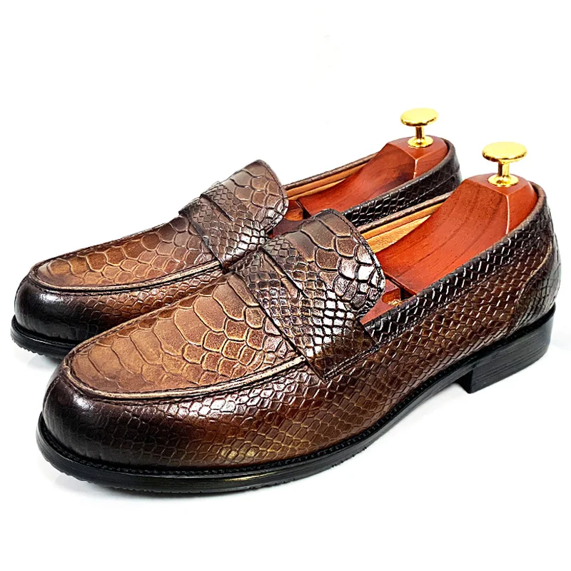 BRAND LEATHER BROWN BLACK SLIP ON SNAKE PRINT MEN'S CASUAL SHOES WEDDING OFFICE BANQUET casual loafers men_voghion.com