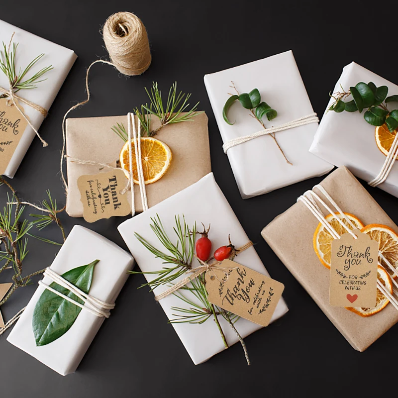 PAPIER CADEAU,I--Étiquettes En Papier Avec Corde De Chanvre, 50 Pièces
