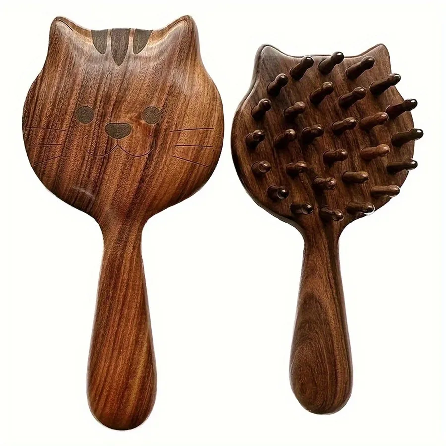 Charming Kitten Shape Solid Wood Massage Comb - Women's Air Cushion Scalp & Meridian Relief