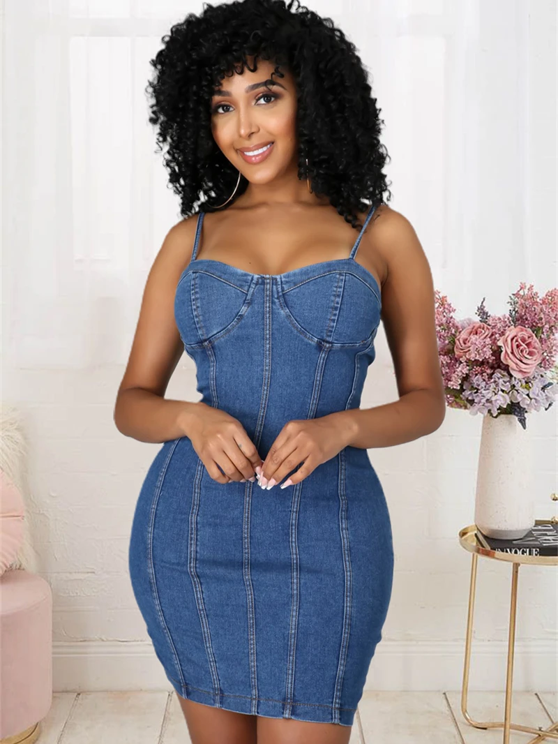 

Streetwear Spaghetti Strap Jean Dress Women Summer Clothing Sleeveless Bodycon Mini Dresses Party Club Sexy Denim Dress Vestidos