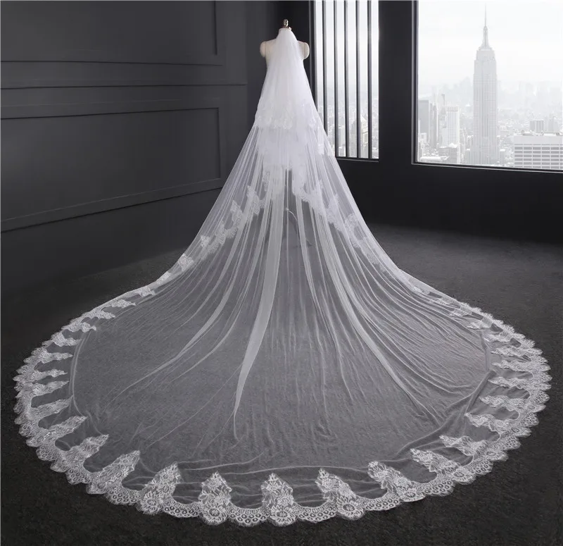 

Real Shot Bride Veils Lace Headdress Long Trail New Bridal Hair Accessories Wedding Voile Mariage Cathedral Elegant Fascinator