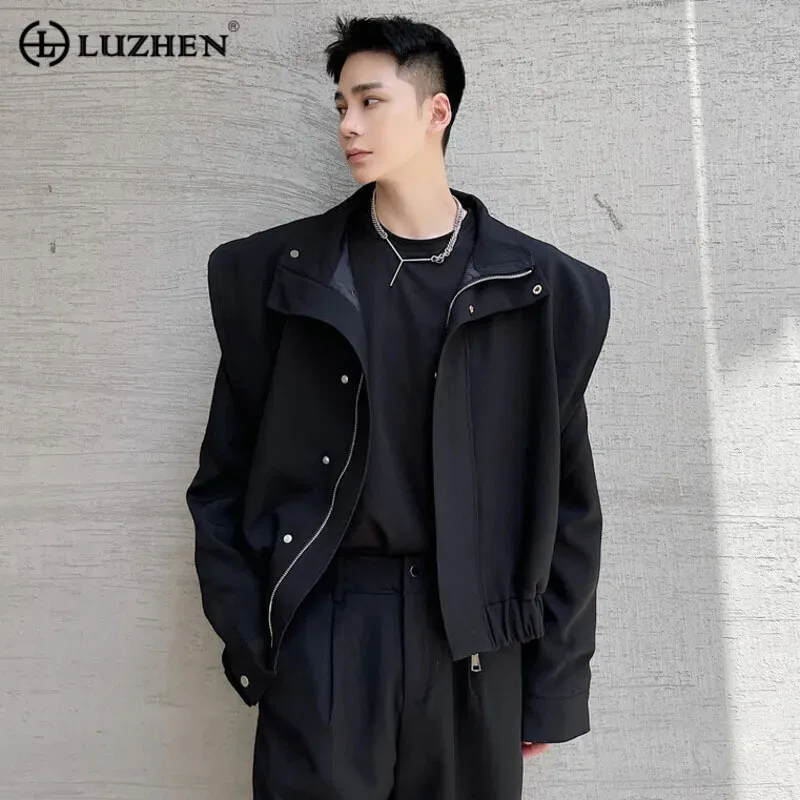 

LUZHEN Stretch 2024 Color Fashion Zipper Waist Solid New Design Casual Jacket Men Shoulder Pad Stand Collar Original Coat 422968