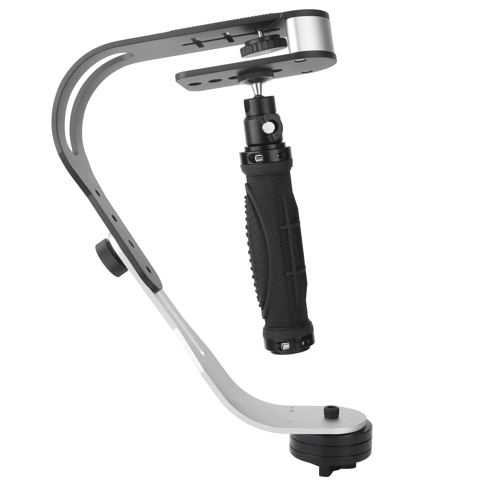 Angle large du stabilisateur portable UF-007, posé sur une surface plane, avec son design compact en aluminium.