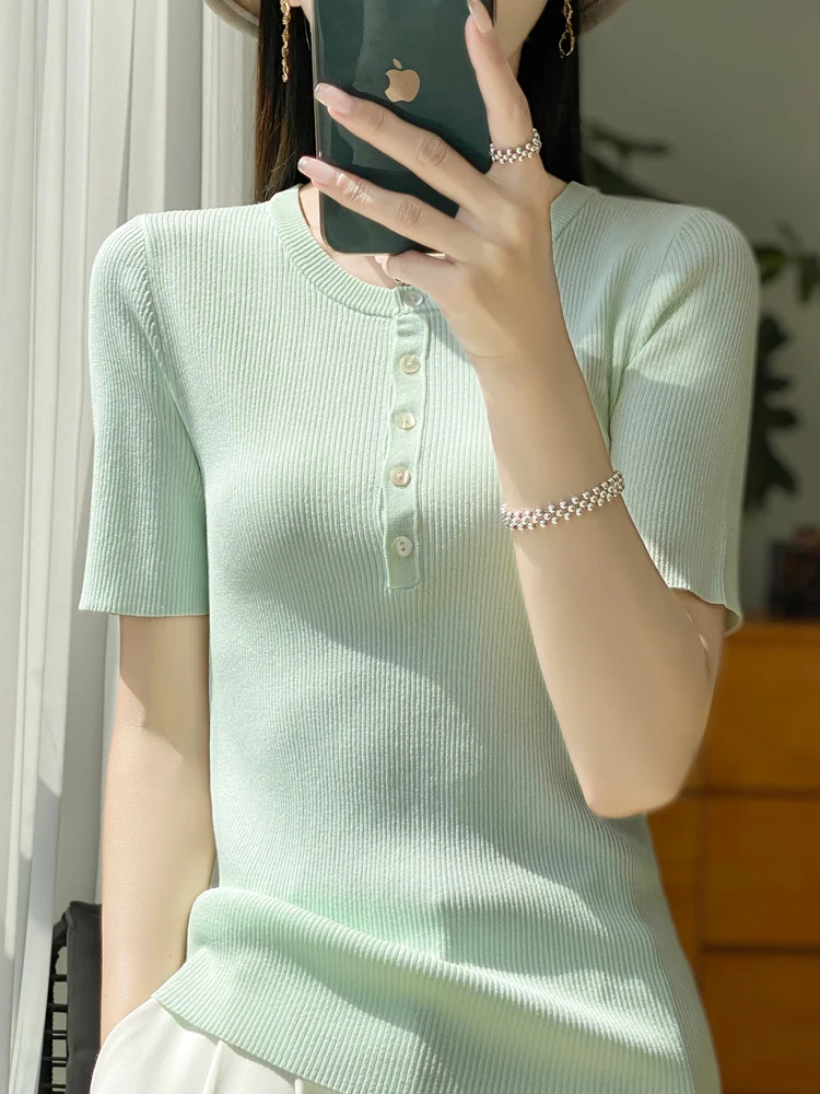 

Spring and summer new simple top long-sleeved women's O-neck knitted short-sleeved Qu Zhu Bing Si pullover knitted T-shirt