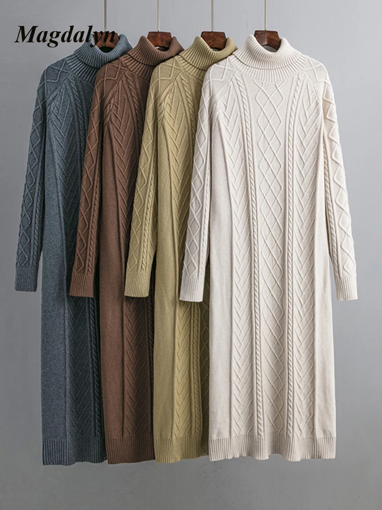 

Magdalyn Women Winter Thick Knitted Turtleneck Dress Fashion Casual Midi Long Vestido Korean Autumn Warm Elastic Sweater Dresses
