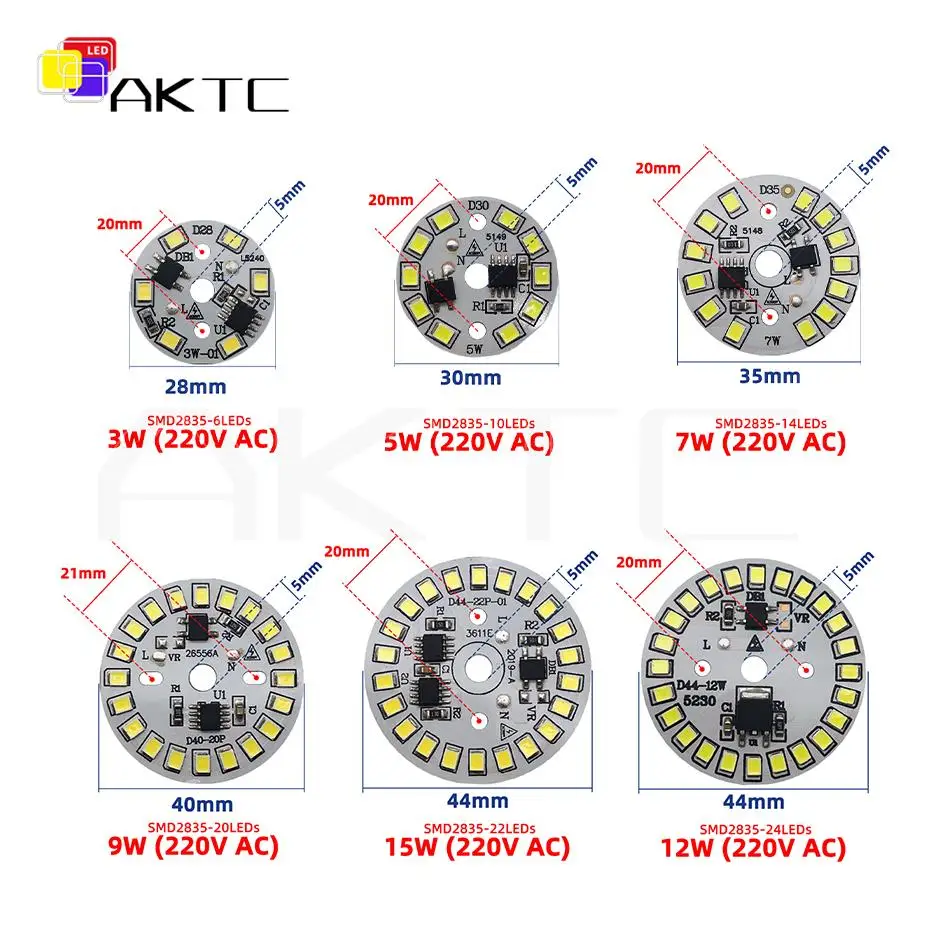 LED Lamps Bulb 2835 Chip Lights Board 220V AC 3W 5W 7W 9W