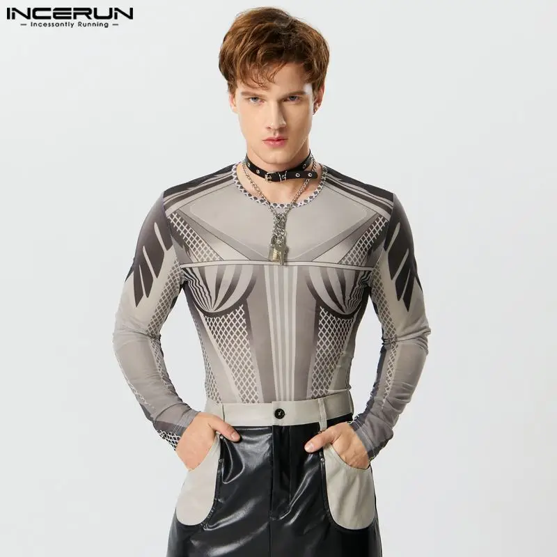 

Sexy Fashion Style Mens Homewear Bodysuits Mesh Print Perspective Thin Rompers Triangle Long Sleeve Jumpsuits S-5XL INCERUN 2023