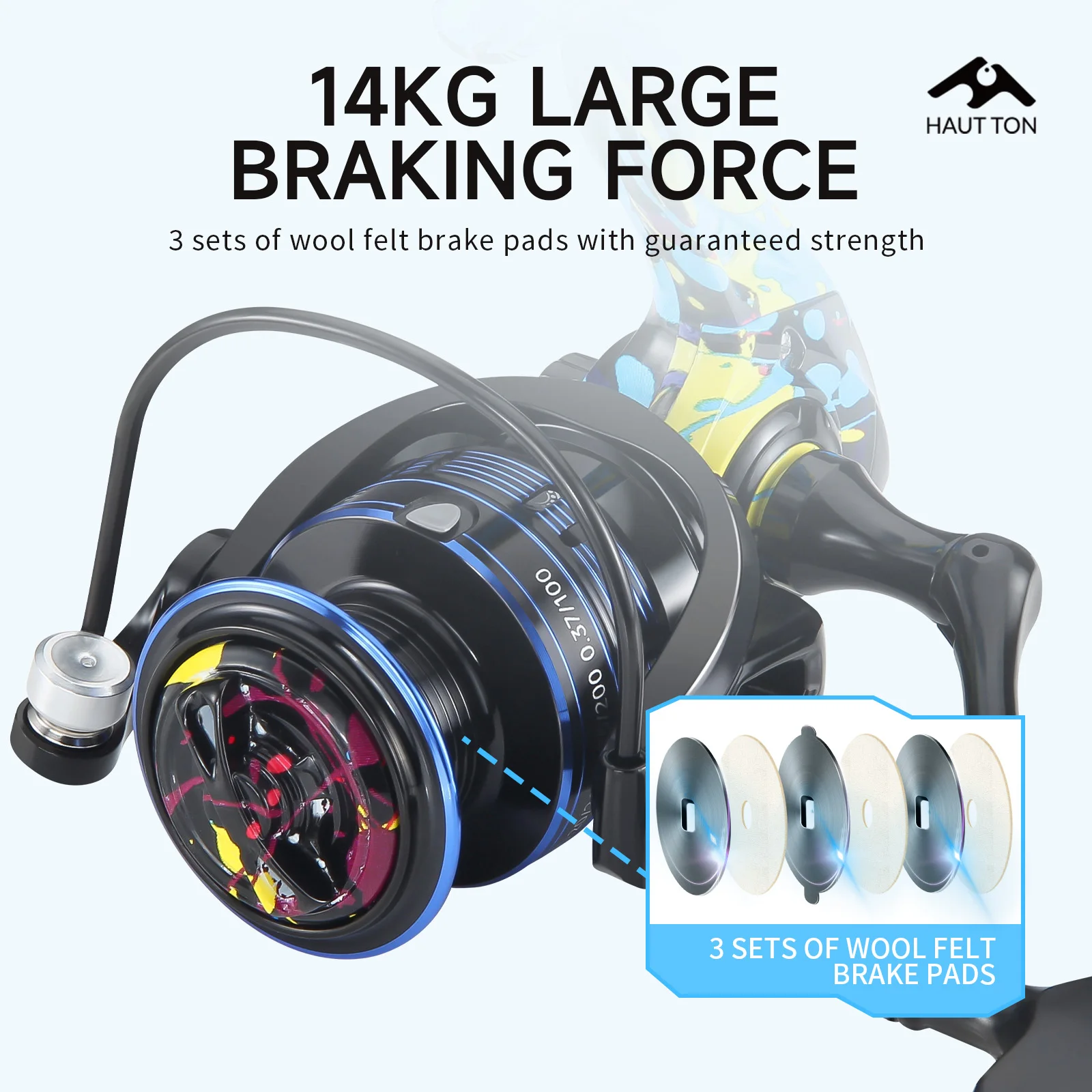 HAUT TON S4 갭리스 스피닝 릴, 부드러운 금속 베어링, 최대 드랙력 14KG, 5.2:1 기어비, 강력하고 내구성이 뛰어난 민물 낚시용