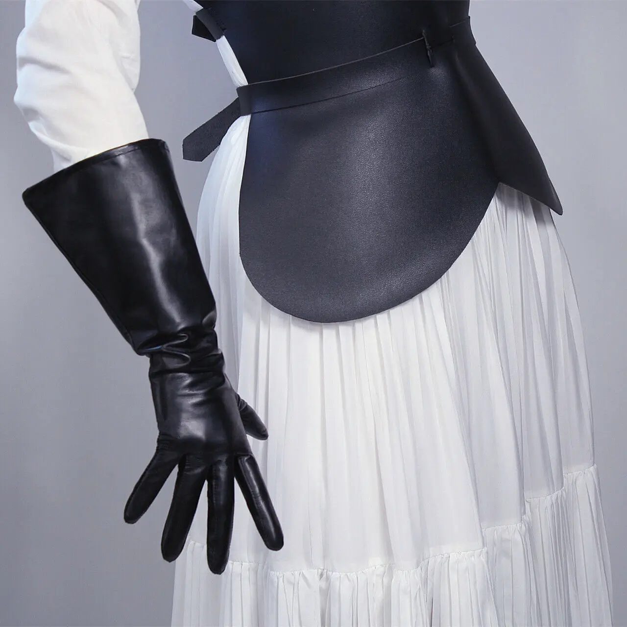 Unisex White Faux Leather Long Gloves with Wide Balloon Puff Sleeves