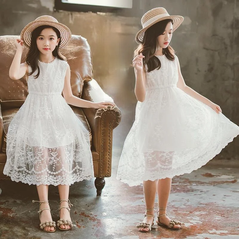 Summer Lace Sleeveless dress for girls 10 to 12 years Brief Embroidery  White Layered Mesh Chiffon Clothes Child Black Skirts