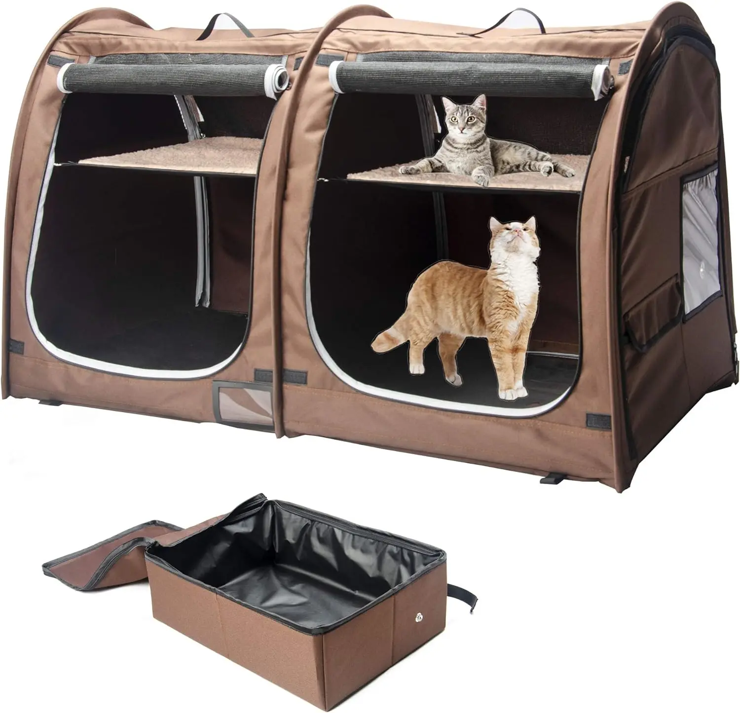 Portable Twin Compartment Show House Cat Cage Condo Easy to Fold Carry Kennel Comfy Puppy Home Dog Travel Crate