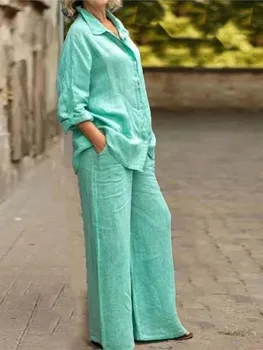Fashion Cotton Linen Shirt Long Sleeved Women's Set Spring Autumn Loose Cotton  Linen Wide Leg Trousers Female Office 2piece Set 1