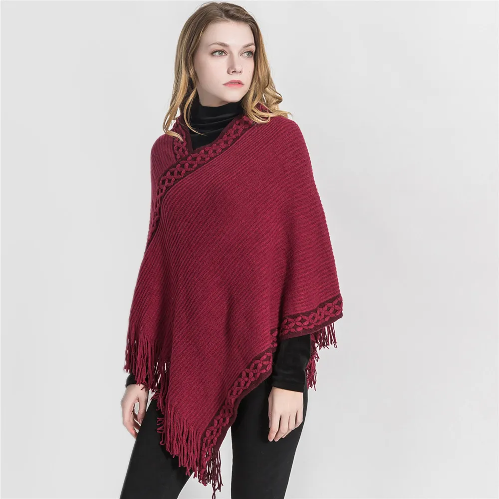 

2022 Spring Autumn Embroidered Neckline Solid Color Imitation Cashmere Warm Pullover Shawl Scarf Cloak Lady Poncho Capes Red