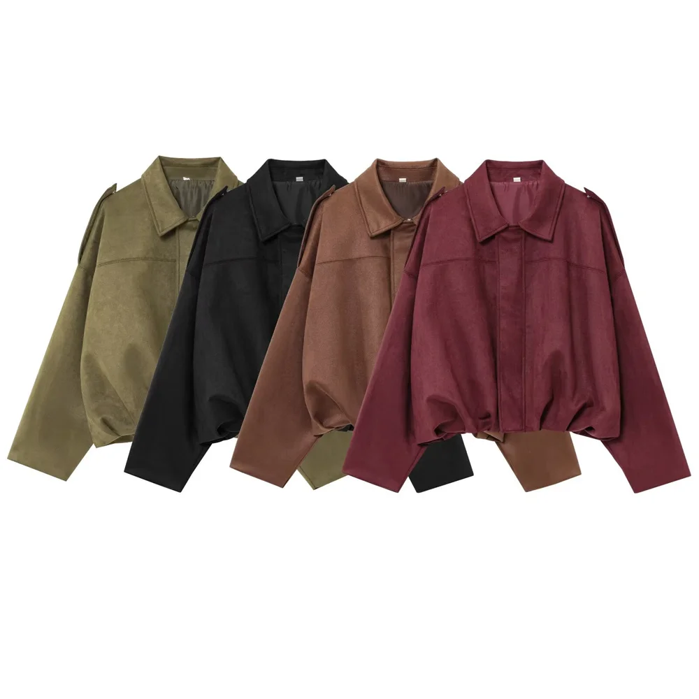 Taop&Za Women's Casual Loose Suede Texture Flip Collar Pilot Jacket Spring/Summer New Product Long Sleeve Loose Top Coat