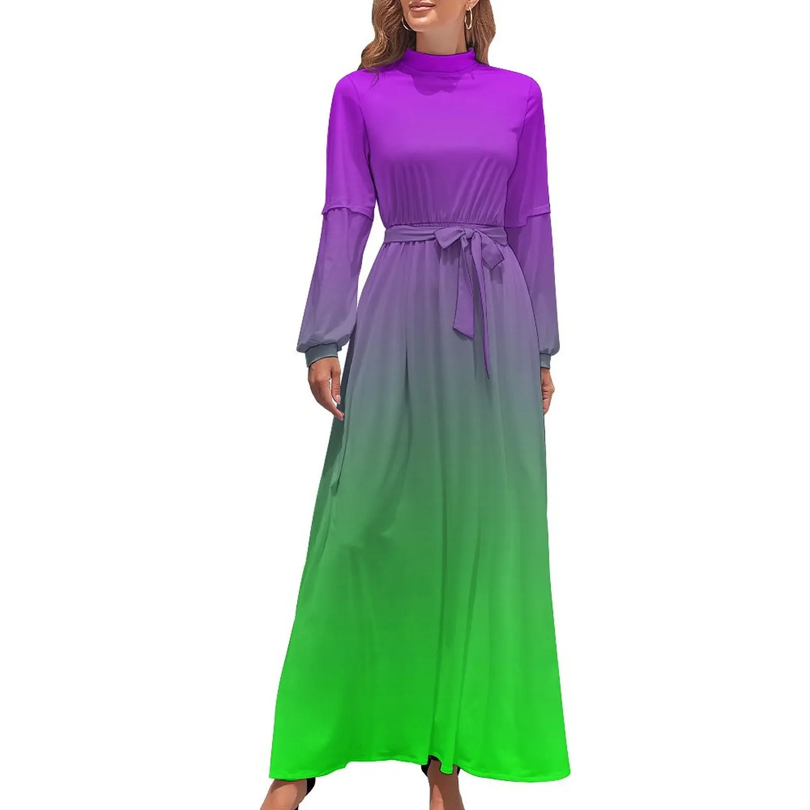 thumbnail image 1 of Vestido largo con degradado de color morado neón y verde, atuendo de festival para mujer, ropa de verano para mujer, 1 of 5