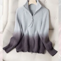Ropa de otoño para mujer, cárdigan de punto Vintage a la moda, suéteres elegantes con doble cremallera degradado, Tops holgados simples para oficina para mujer