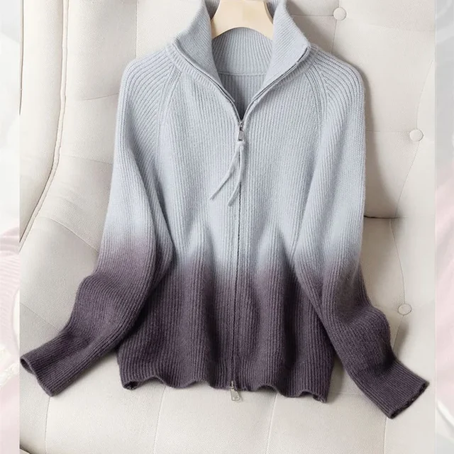 Ropa de otoño para mujer, cárdigan de punto Vintage a la moda, suéteres elegantes con doble cremallera degradado, Tops holgados simples para oficina para mujer