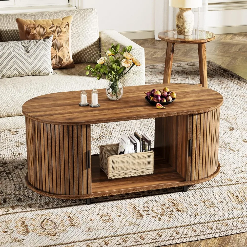 Coffee Table with Storage, 47.24" Farmhouse Wood Oval Center Table, 2-Tier Tea Cocktail Table with Sliding Door for Living Room 2