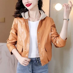 2023 Autumn New Fashionable Hooded PU Leather Jacket Women's Short Leather Coat Korean Trend Motorcycle Wear Leather Overcoat