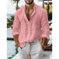 Chemise en lin pour hommes, chemise d'été, chemise à boutons en mélange de coton et de lin, chemise décontractée de vacances de couleur unie, bleu, blanc, noir, rose 2