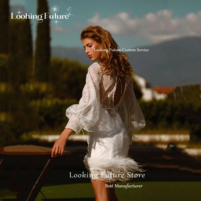 Vintage 2-Piece Lace Wedding Dress Simple Long Lantern Sleeves Mini Bride Dress Sexy V-Neck Backless Pleated Feathers Customized 14 S155e6f4e10fb407aab5d58e87e06c1fd1