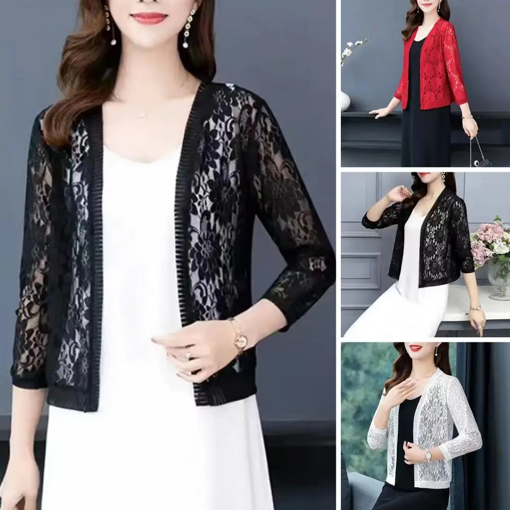 

Women Lace Cardigan 3/4 Sleeves Flower Pattern Solid Color Sun Protection Breathable Ladies Summer Short Top Cover Up Streetwear