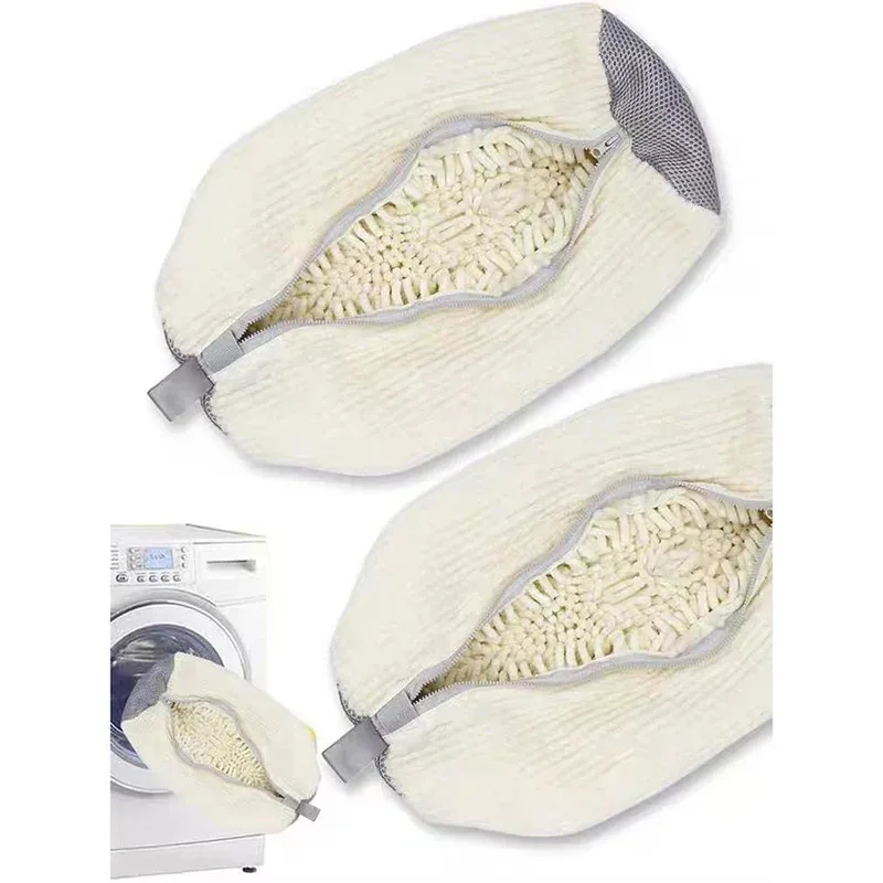 1Pc Fluffy Fiber 360 &deg; Surround Cleaning Shoe Washing Bag Reusable Durable Machine-Washable Laundry Bag with Zipper Closure