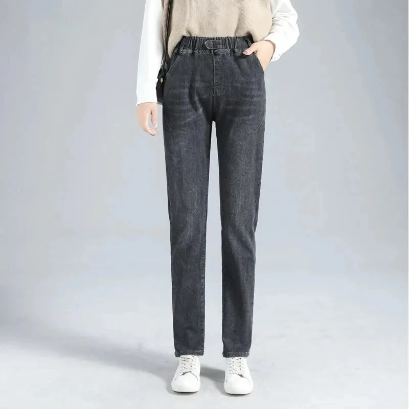 Women Oversized 4xl Casual Thicken Winter Harem Jeans Plus Velvet Vaqueros Elastic High Waist Denim Pant Fall Warm Jogger Capris