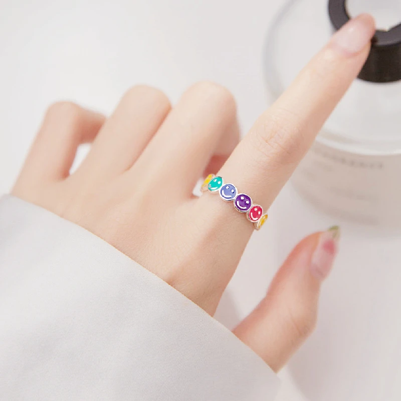 WYEAIIR 925 Sterling Silver Color Glazed Cute Smiling Face Cartoon Resizable Opening Ring For Women Luxury Jewelry 2
