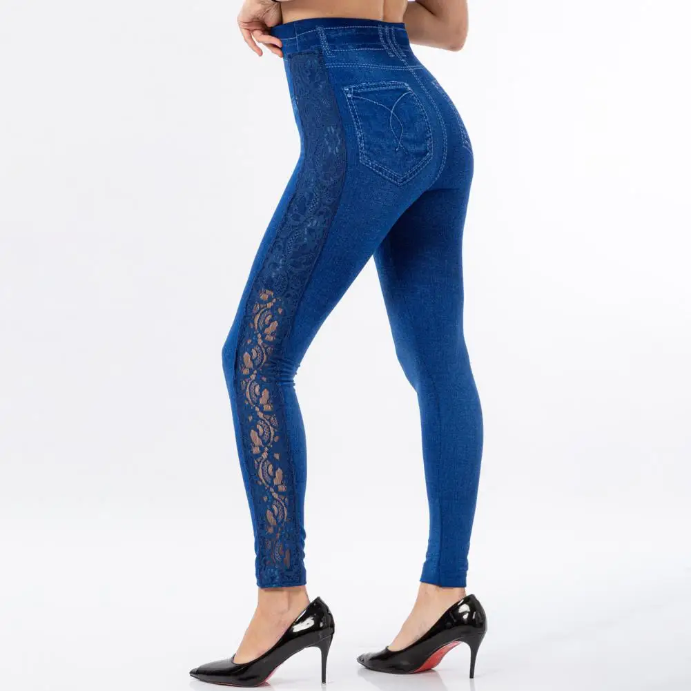 Women Vintage Wash Color Denim Print Leggings Lace Stretchy Pencil Pants Women's Seamless Ankle Length Skinny Fake Jeans Tights