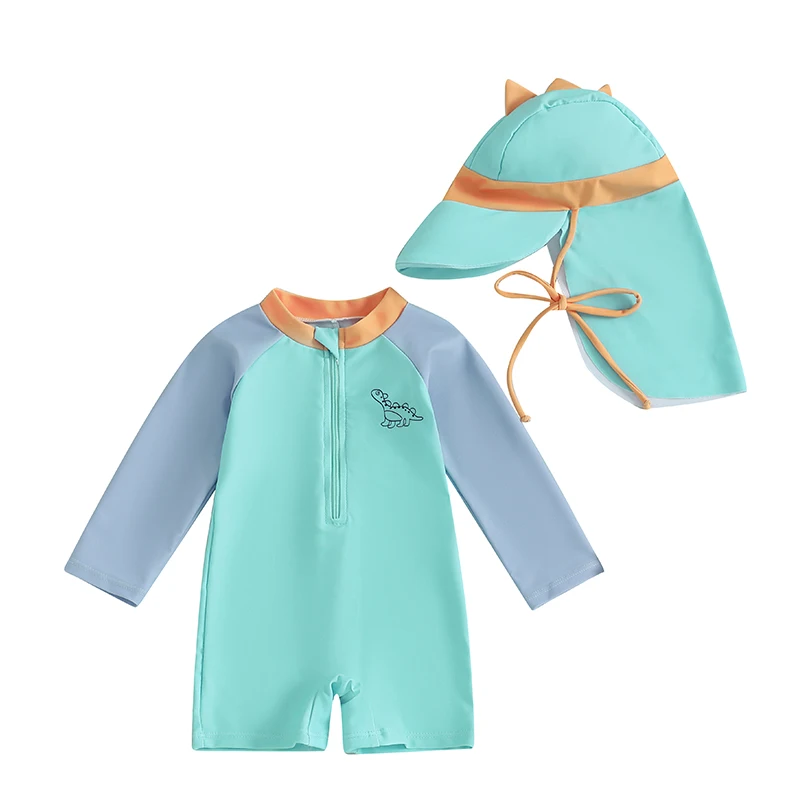 0-3Years Baby Boys Swimwears Contrast Color Dinosaur Print Long Sleeve Mock Neck Zip Bathing Suit with Hat Toddlers Rash Guard