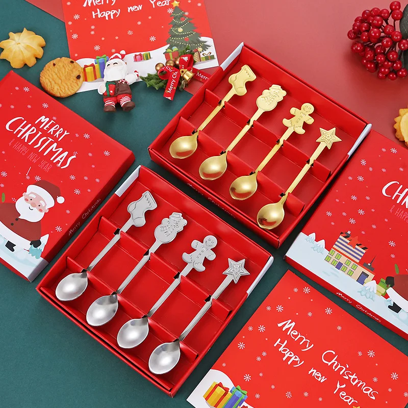 4pcs/set Christmas Decorations For Home Stainless Xmas Coffee Spoons Dessert Spoon Tableware