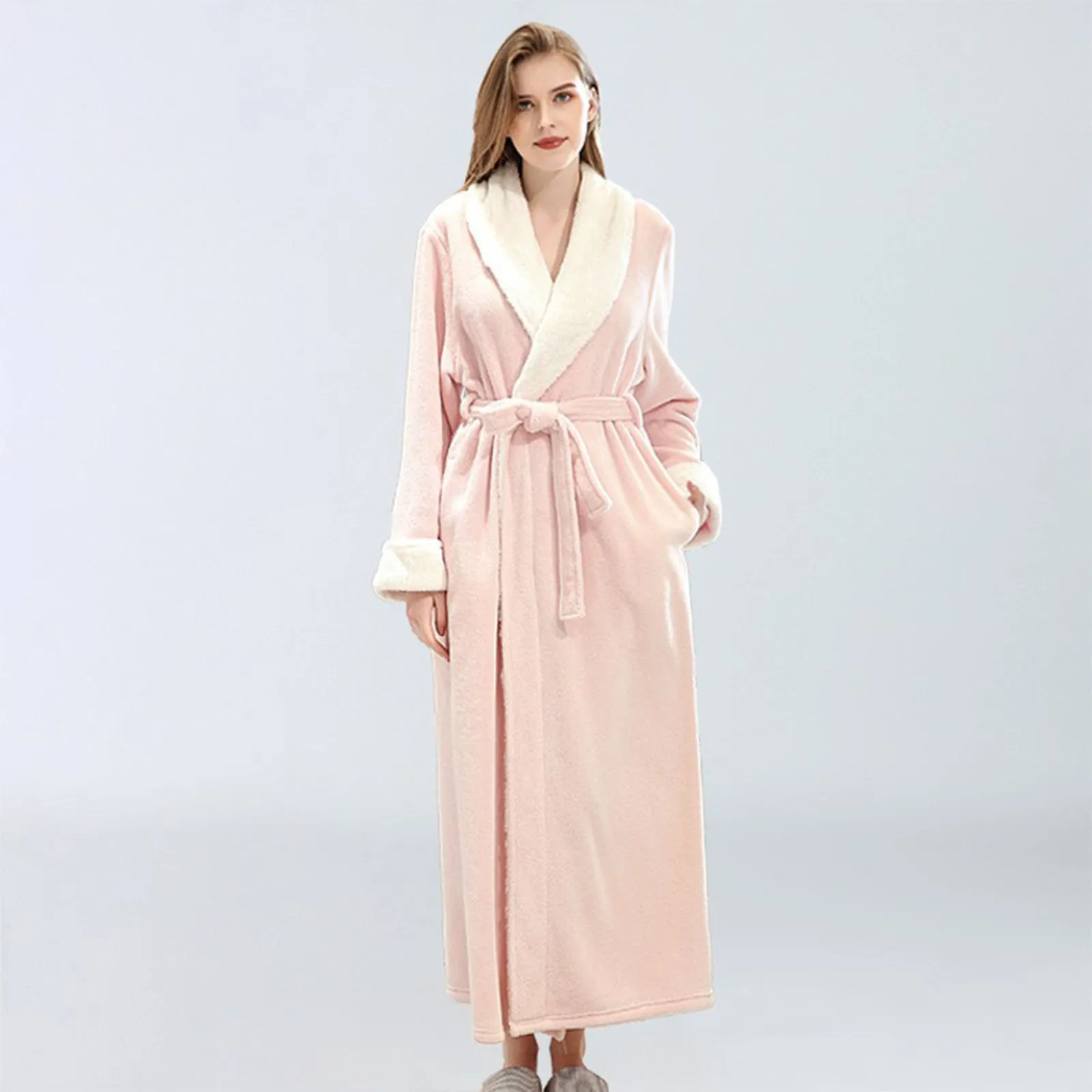 Womens New Soft Plush Bathrobe Kimono Bathrobe Fleece Robe Autumn Winter Solid Nightdress Fluffy Cute Long Coat Night Robe