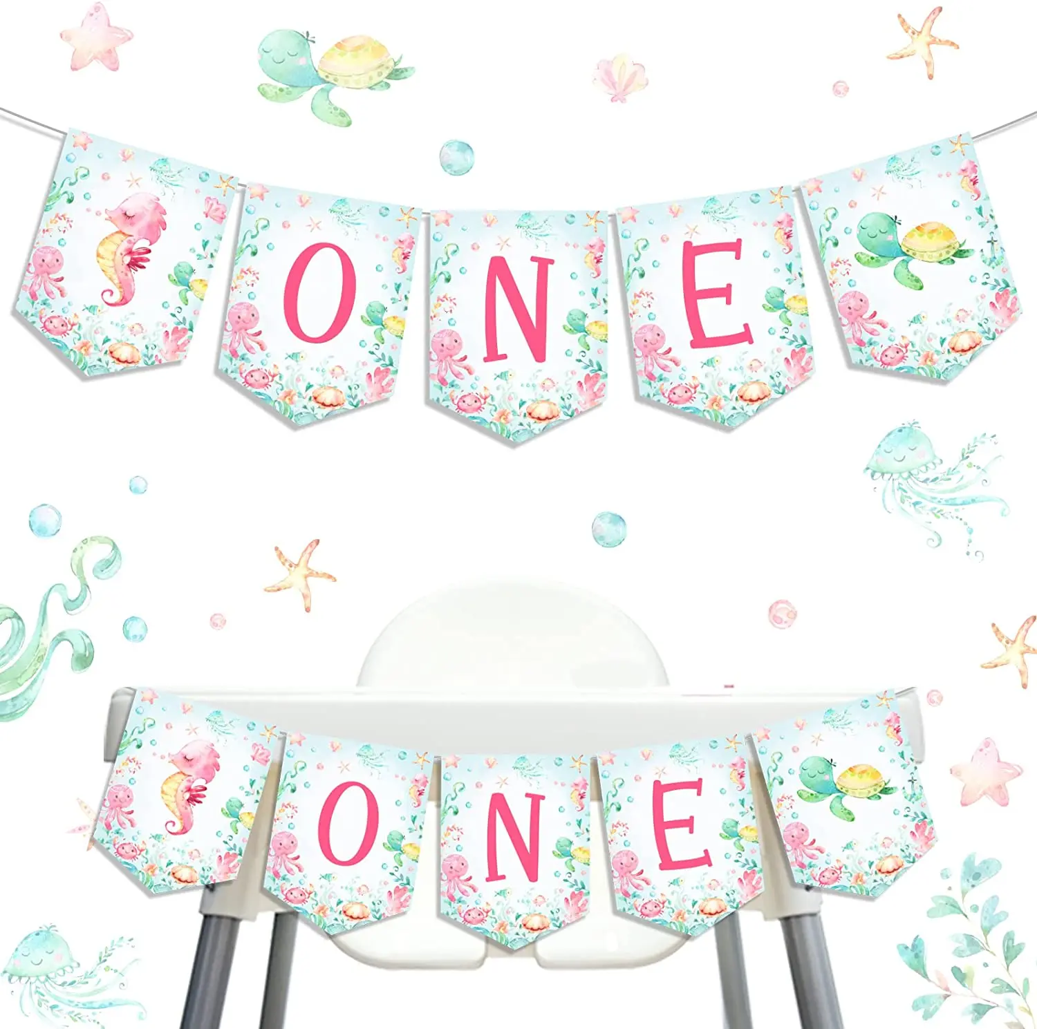 

Fangleland Under The Sea Highchair Banner Ocean Themed 1st Birthday Decorations for Girl One Highchair Banner for First Birthday