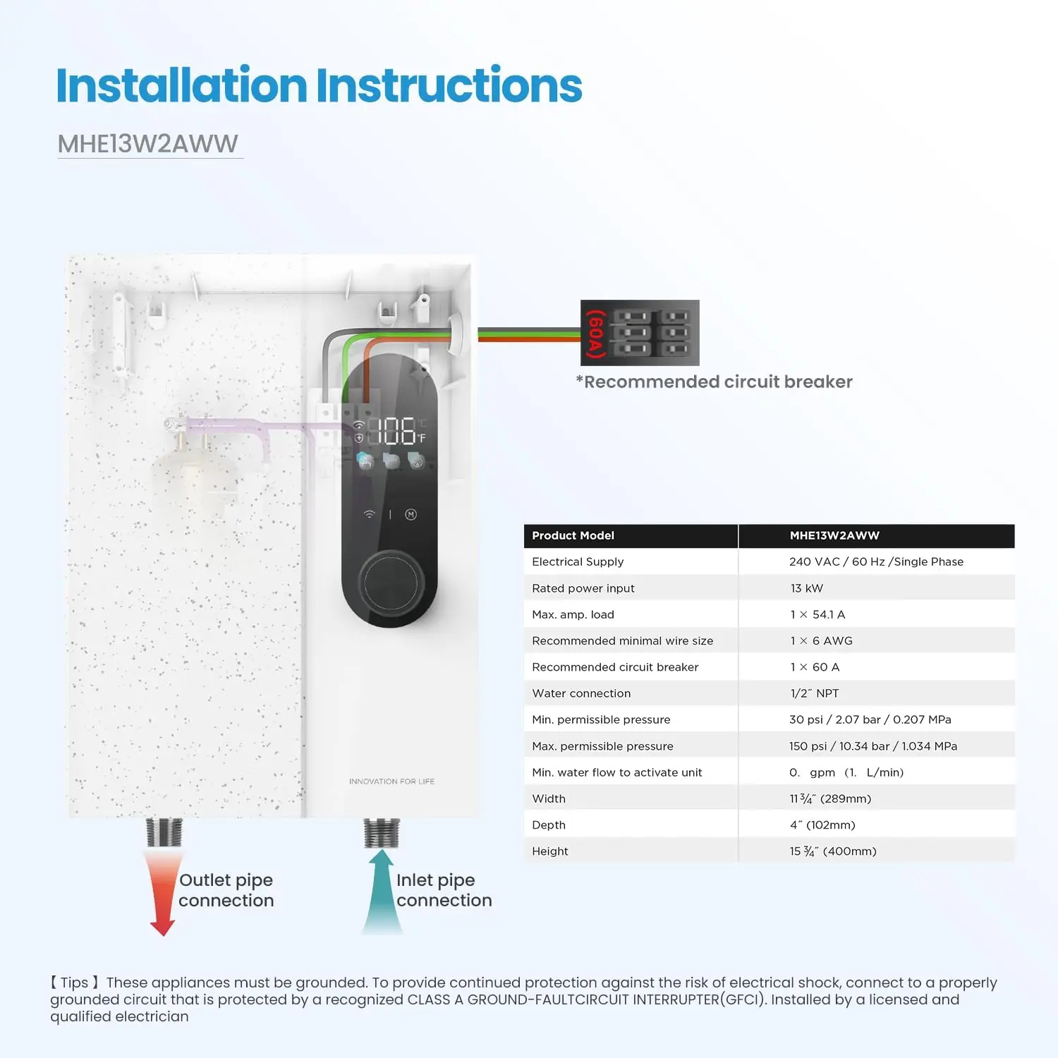 13KW Electric Tankless Water Heater Touch Control Wi-Fi Control LED Display Child Mode 240 Volts with Automatic Power Modulation
