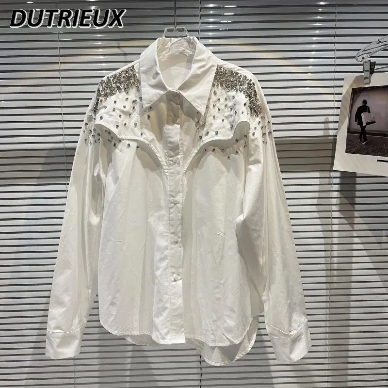 

Spring Autumn New Heavy Industry Women's Tops Shoulder Large Size Blouse Particles Rhinestone Pegs Long Sleeve Shirt Female